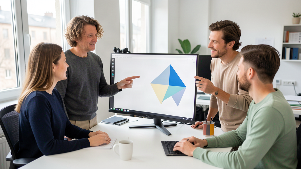 Zespół software house’u podczas rozmowy przy monitorze w jasnym biurze